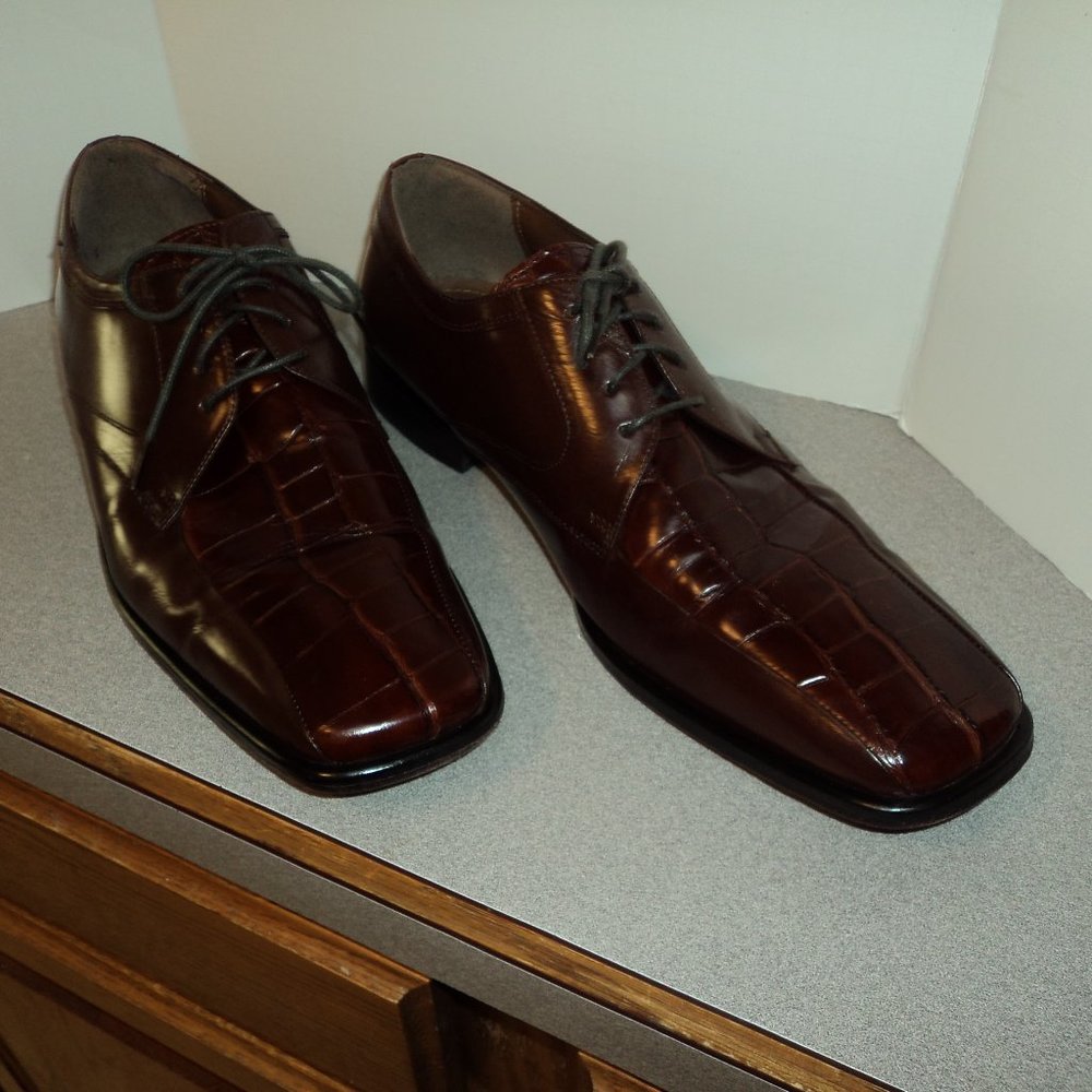 Stacy Adams Men's 12M Shoes Brown Leather Lace Up Dress Croc Oxford Square Toe